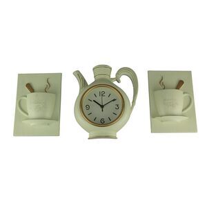 Coffee Pot Clock and Morning Coffee Cups 3 Piece Wall Set, White